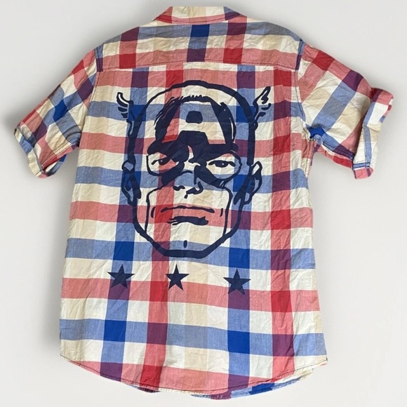 Captain America Marvel Plaid Button Down Short Sleeve Shirt Sz L Comic Avengers - Picture 2 of 8